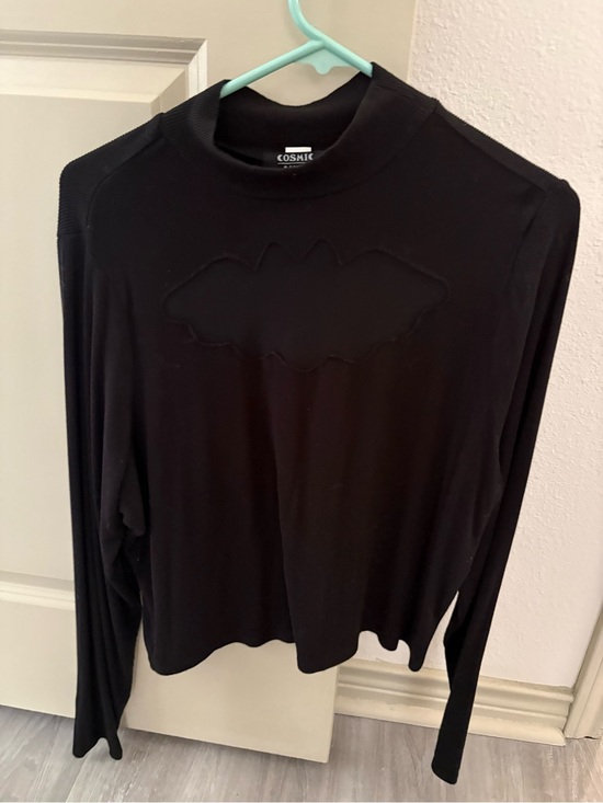 Cosmic Aura Tops - Black Long Sleeve Ribbed Top with Bat Cutout Detail